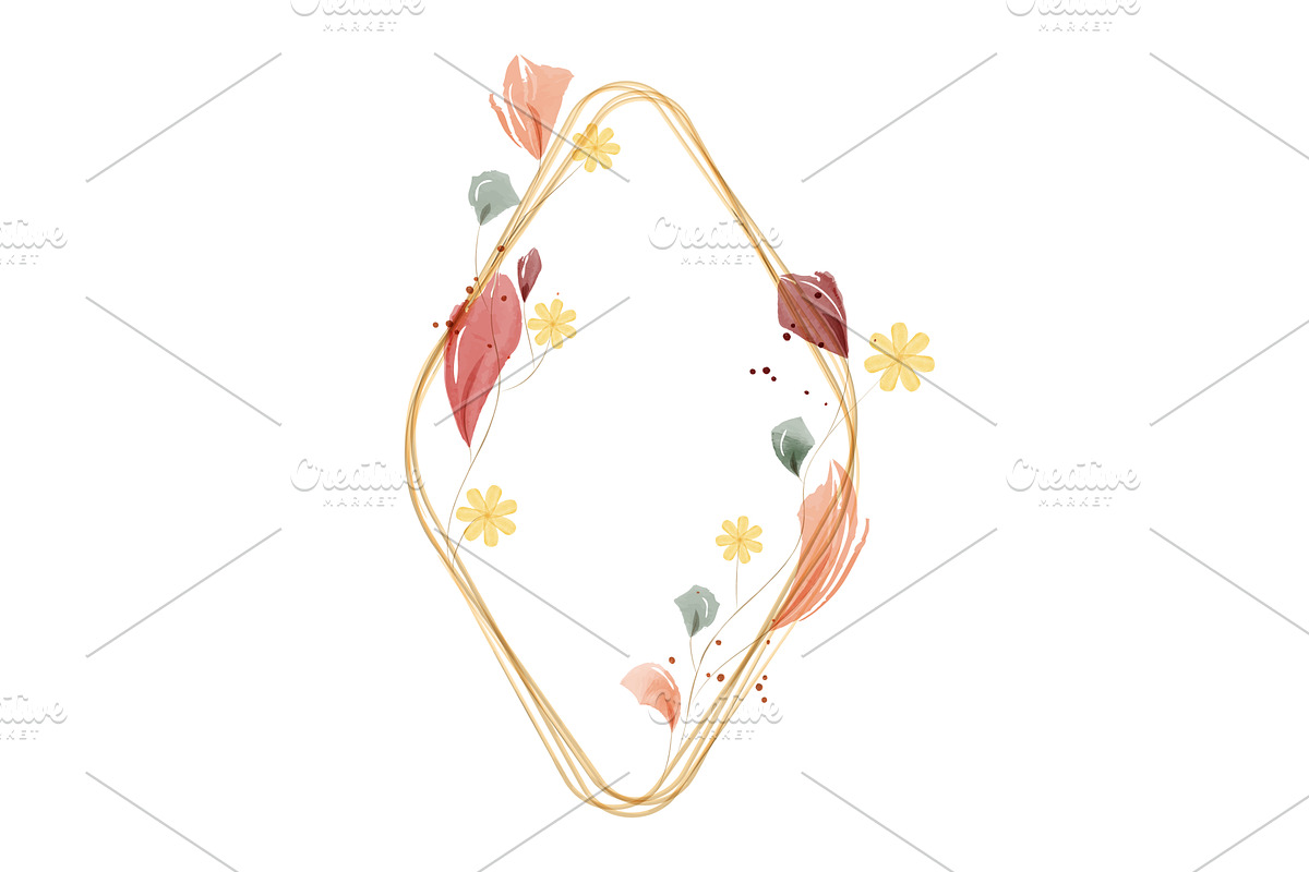 Golden watercolor frame with, an Illustration by okskukuruza