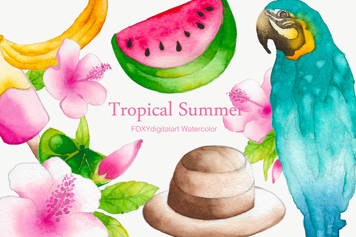 Watercolor summer tropical clipart, an Illustration by FOXYdigitalart (Photo 3 of 5)