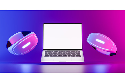 VR helmets near laptop with blank, an Object 3D Model by Daniel Megias