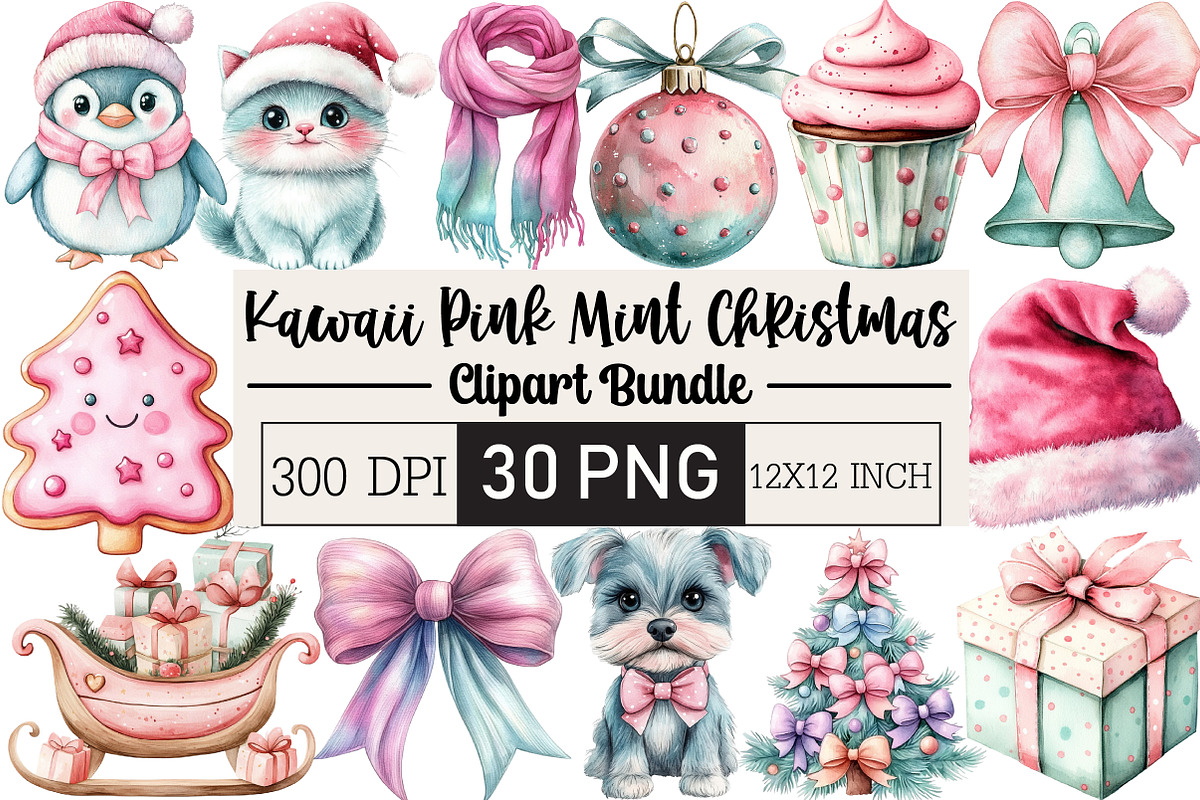 Kawaii Pink Mint Christmas Clipart, an Illustration by Black Bird Studio (Photo 1 of 6)