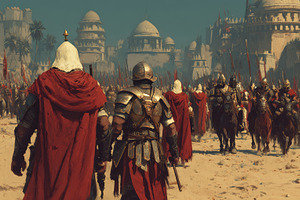 Armored medieval army marching through a desert city with red cloaks and banner, a Photo by AS photostudio