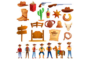 Cowboy Icons Set, Cartoon Style