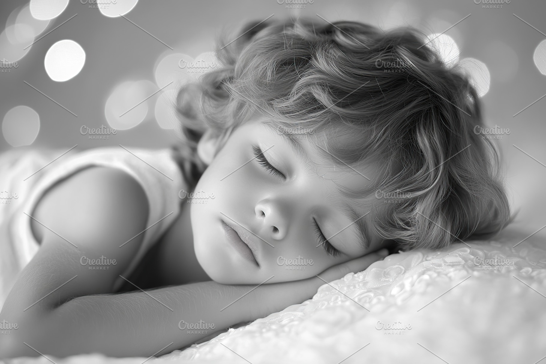 Little child boy sleeps in a crib in black and white colors, a Person Photo by AlyaAnd