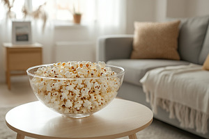 Bowl full of hot popcorn on a round table in a cozy living room, a Food & Drink Photo by AlyaAnd