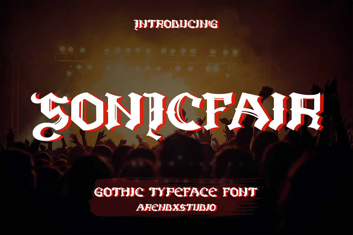 Sonicfair - Gothic Typeface Font, a Handwritten Font by Arendxstudio (Photo 1 of 9)