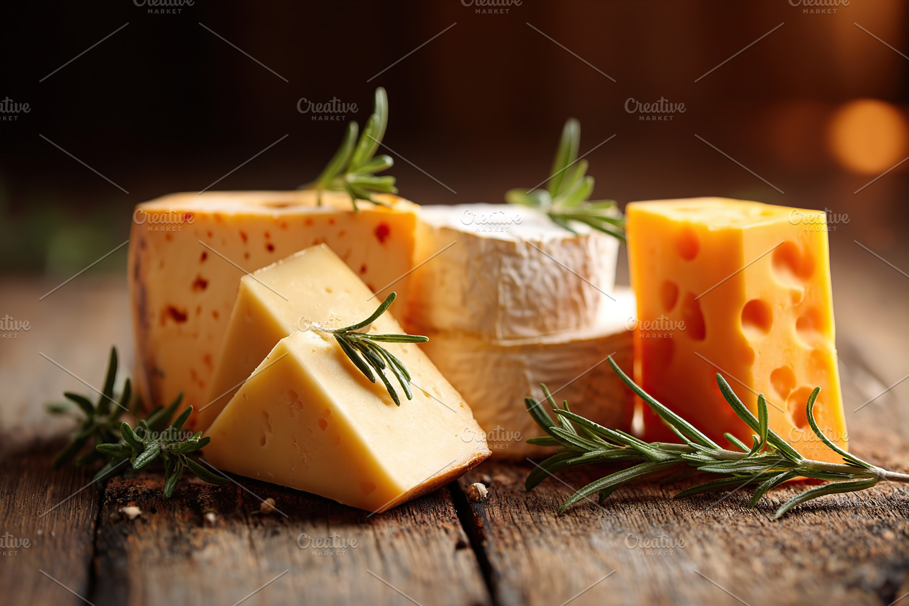 Artisan cheeses featuring goat cheese on a rustic wooden table with fresh herbs, a Food & Drink Photo by AlyaAnd