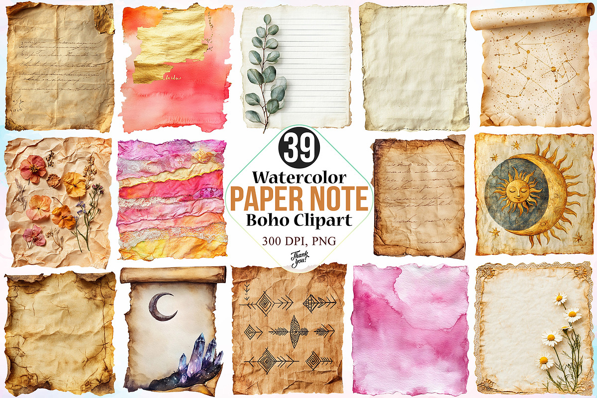 Watercolor Paper Note Boho Clipart, a Seasonal Illustration by Canvas Craft (Photo 1 of 3)