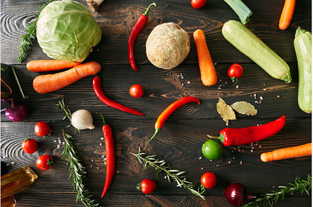 Top view of various fresh vegetables, a Food & Drink Photo by Gladkov photography