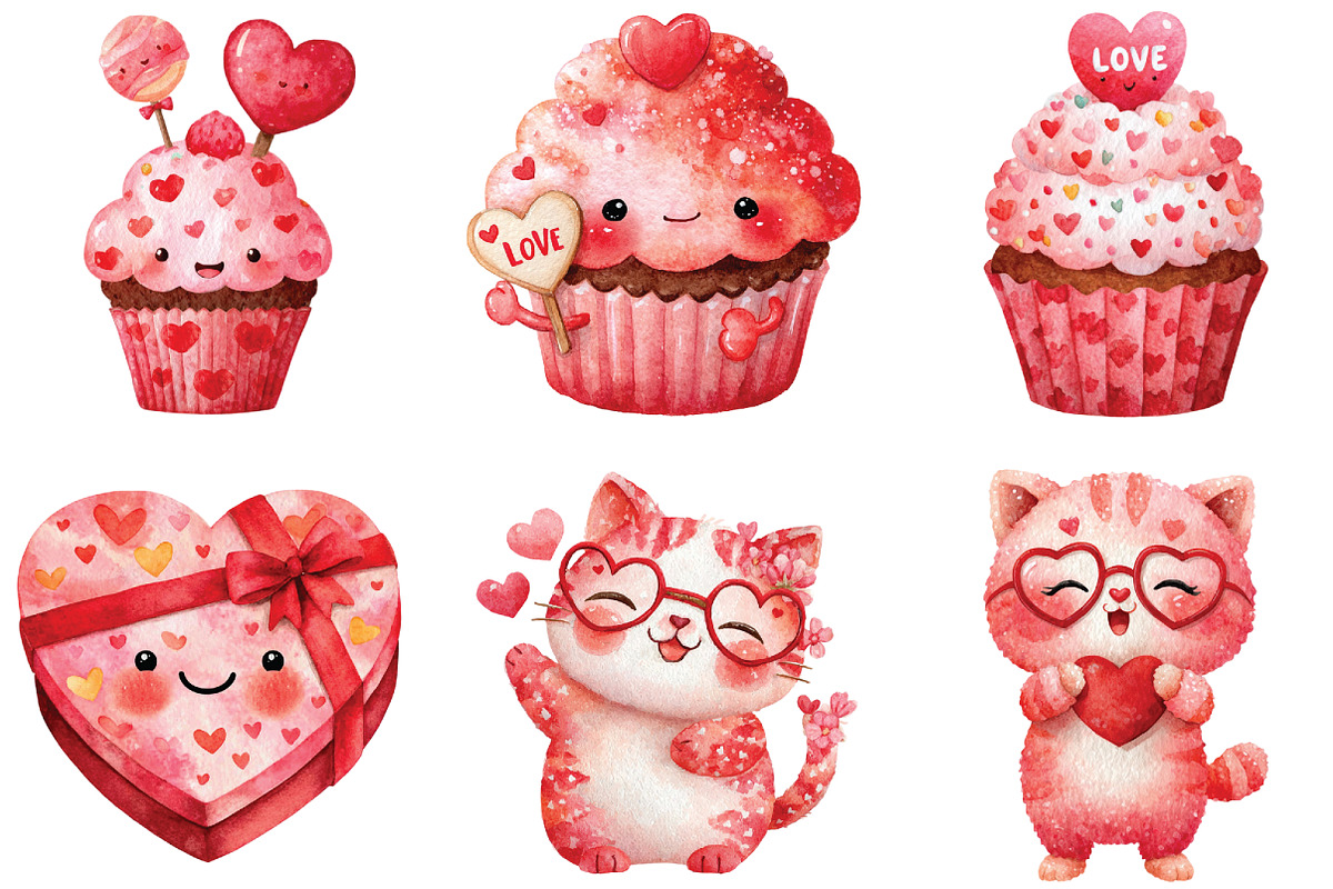 Watercolor Kawaii Valentine Clipart, an Illustration by CraftArtStudio (Photo 6 of 6)