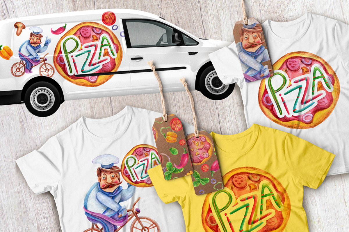 Watercolor elements of PIZZA, a Food Illustration by Olha Kalyta (Photo 5 of 6)