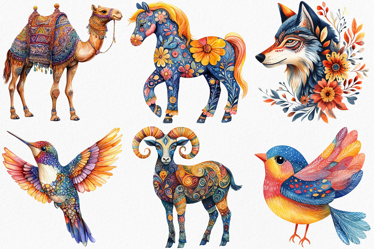 Watercolor Folk Art Animals Clipart, an Illustration by Canvas Craft (Photo 2 of 8)