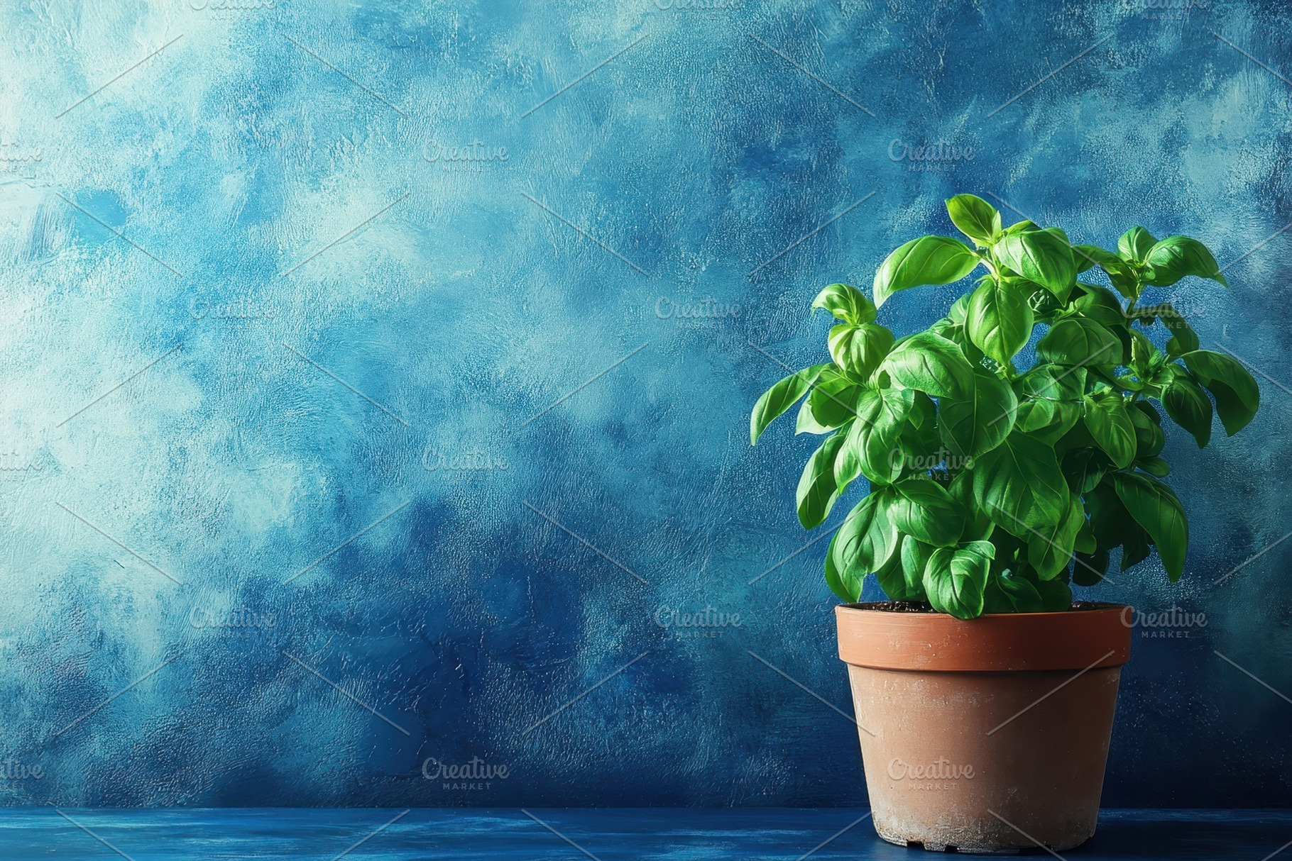 Potted basil plant against a texture, a Photo by Iftikhar Alam