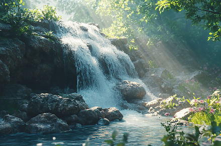 Stream of water flowing down in the forest with sun rays, a Nature Photo by AlyaAnd