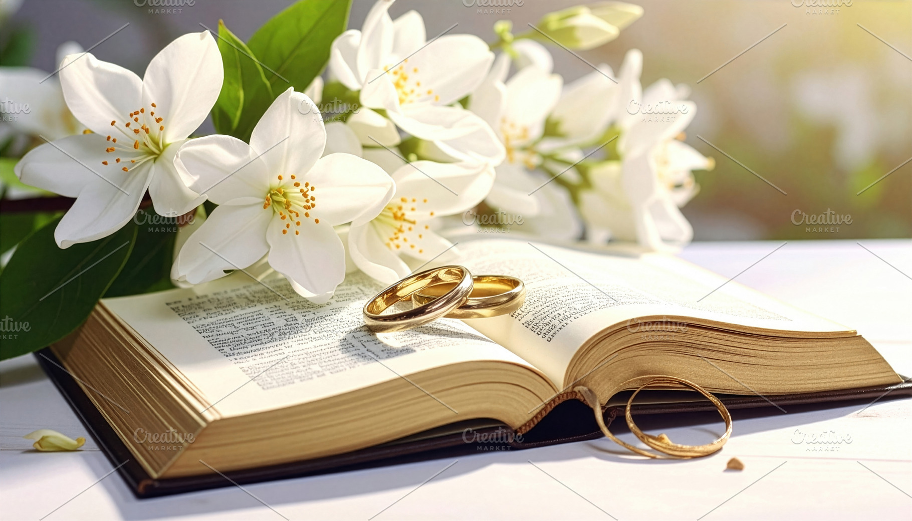 Wedding Rings on Open Bible with White Blossoms, a Holiday Photo by Davizro's Market