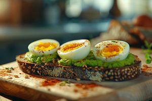 Toast rye bread with avocado puree and hard boiled eggs on wooden table, a Food & Drink Photo by AlyaAnd