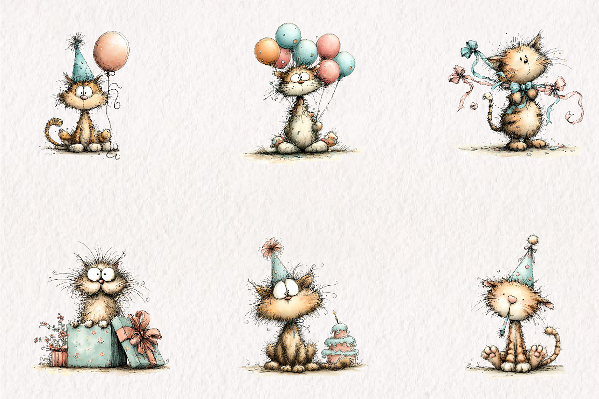 Birthday Cat PNG Clipart Bundle, a Seasonal Illustration by CreationArt (Photo 3 of 5)