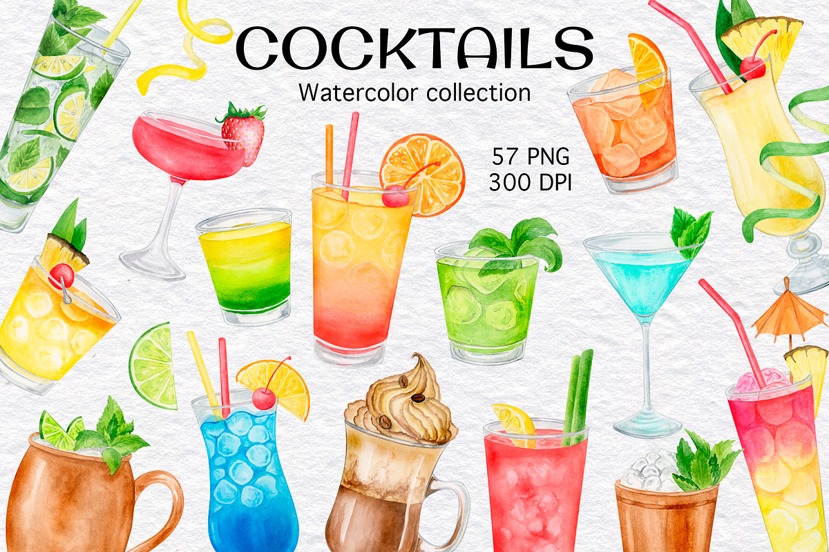 Watercolor Cocktails Clipart Set, a Food Illustration by KathrineWatercolor (Photo 1 of 5)
