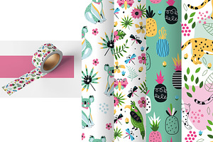 Jungle Set With Patterns And Clipart