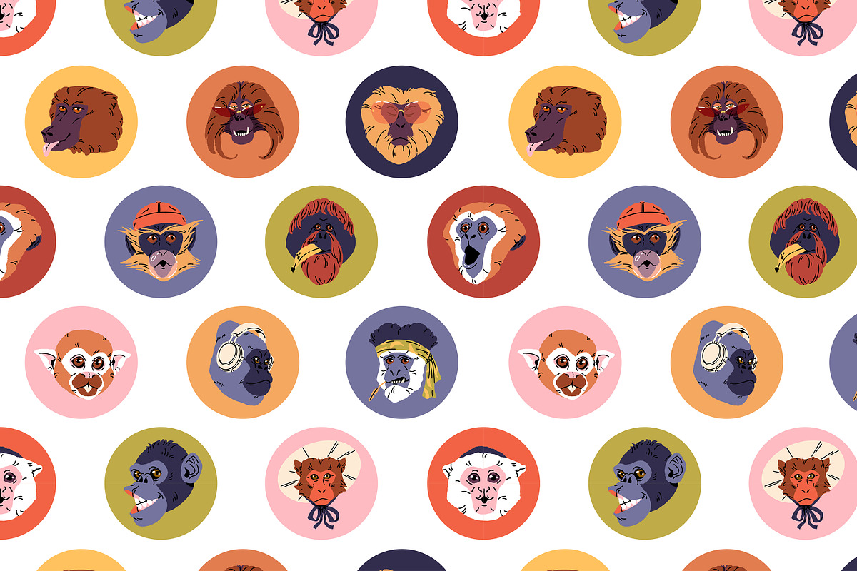 Funny monkeys avatars set + patterns, an Animal Illustration by PaperTrident (Photo 6 of 6)