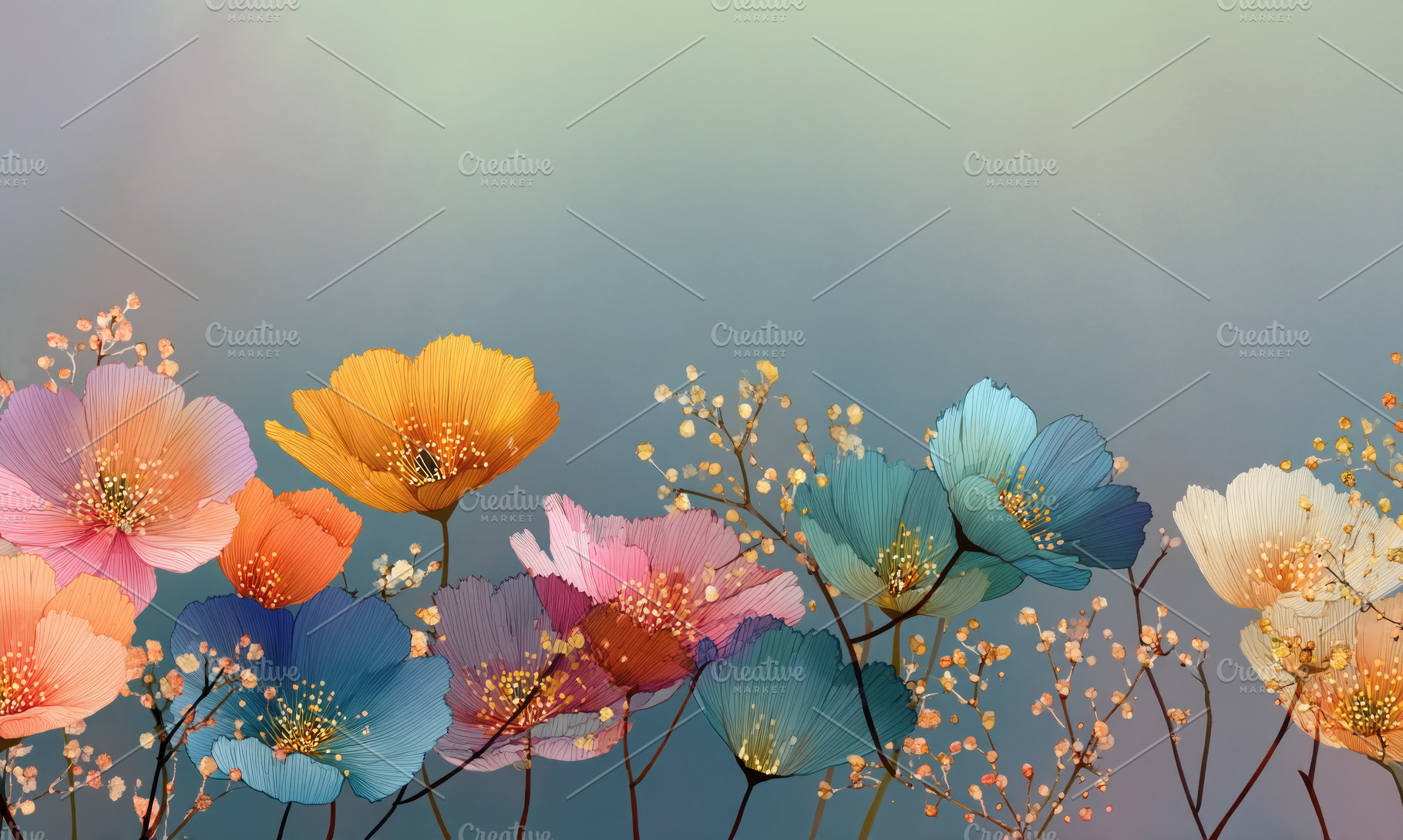 Colorful Pastel Poppy Flowers with Golden Stamens on Soft Gradie, a Nature Photo by José Manuel Gelpi