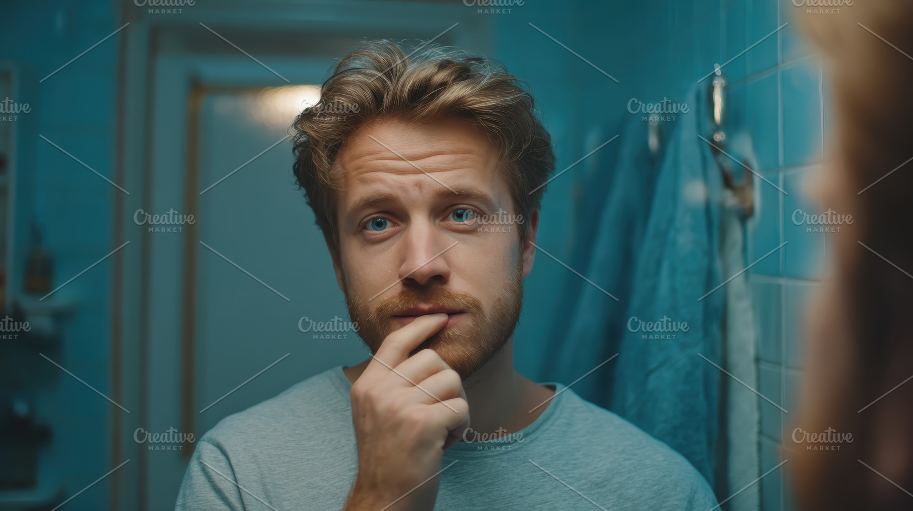 Man looking in mirror thoughtful exp, a Photo by Pixeness Studio
