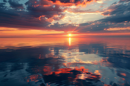 The sun sets over a serene ocean, ca, a Photo by Tanuart