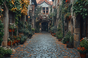 Beautiful cobblestone alleyway adorn, a Photo by Tanuart