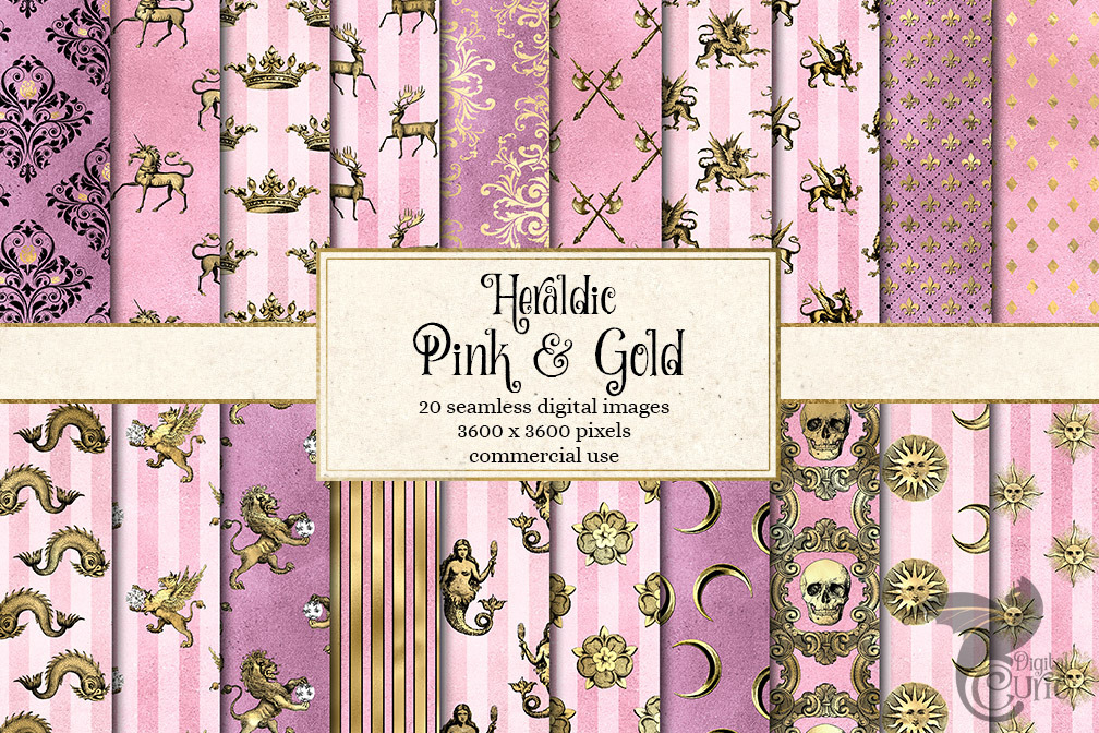 Heraldic Pink and Gold Digital Paper, a Pattern Graphic by Digital Curio