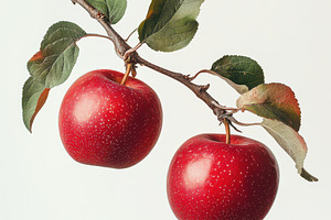 Two red apples with green leaves han, a Food & Drink Photo by Pixeness Studio