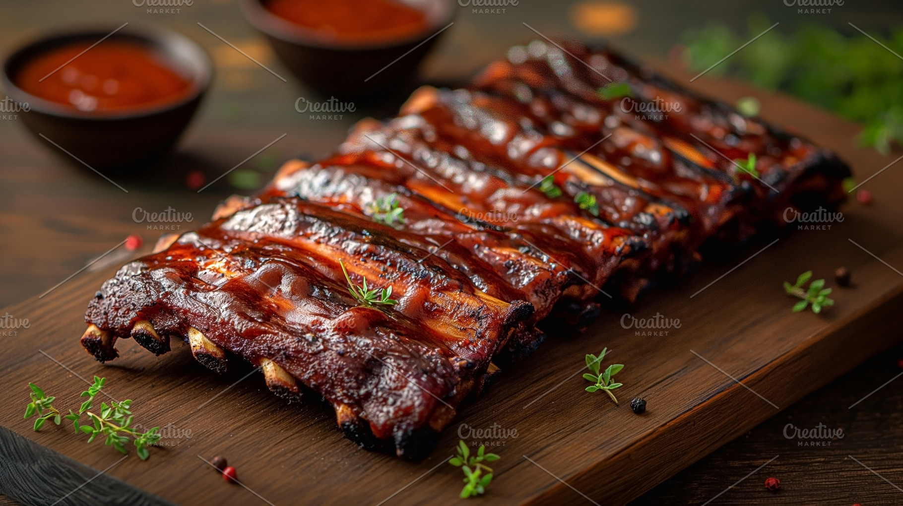 Juicy, smoky barbeque ribs garnished with fresh herbs, served on, a Food & Drink Photo by ImageMir