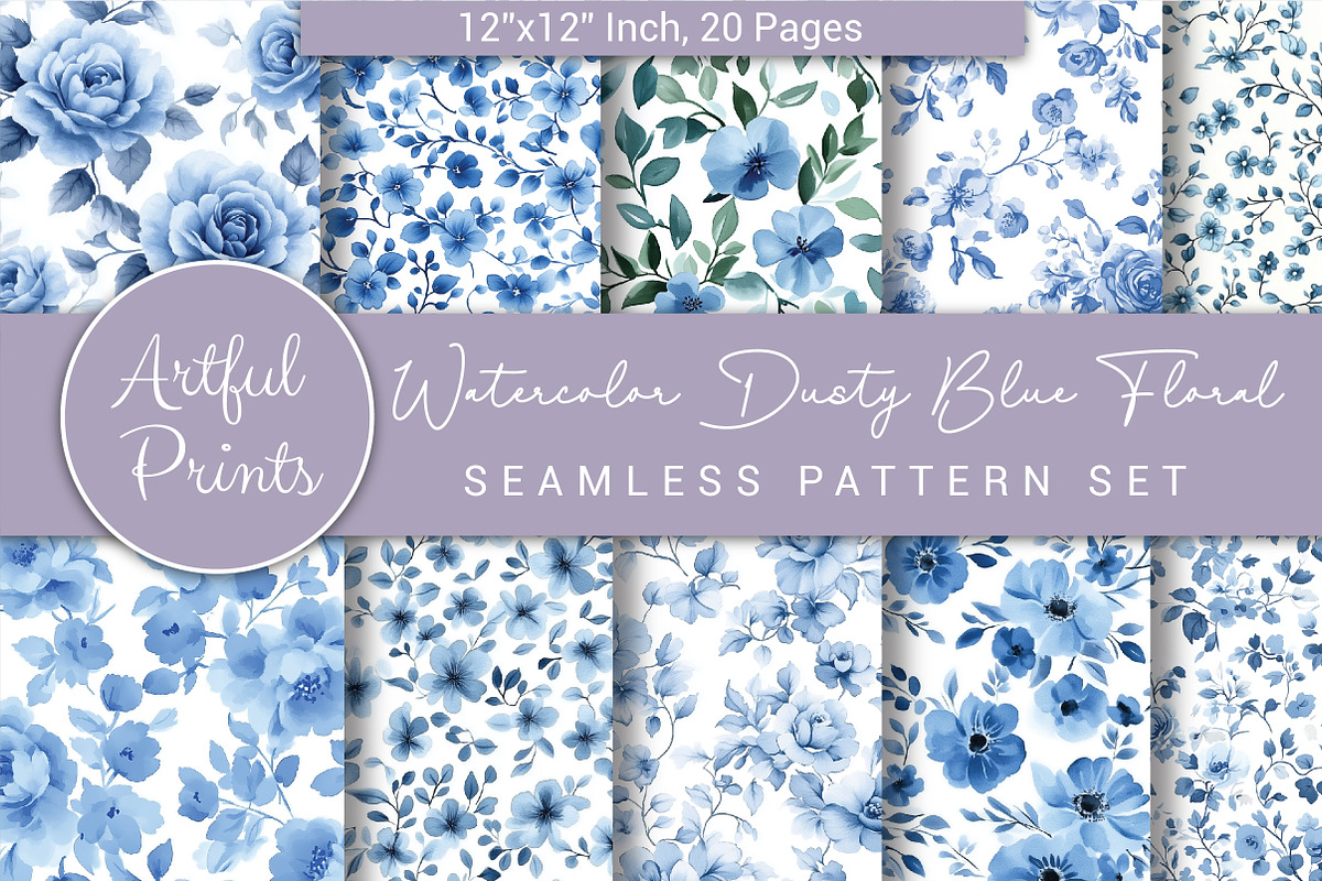 Watercolor Dusty Blue Floral Pattern, a Pattern Graphic by Artful Prints (Photo 1 of 3)