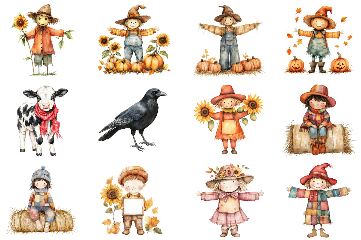 Watercolor Scarecrow Clipart Set, an Illustration by CitraGraphics (Photo 4 of 5)