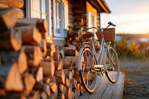 Bicycle resting against a wooden cabin during a serene sunset, a Photo by AlyaAnd