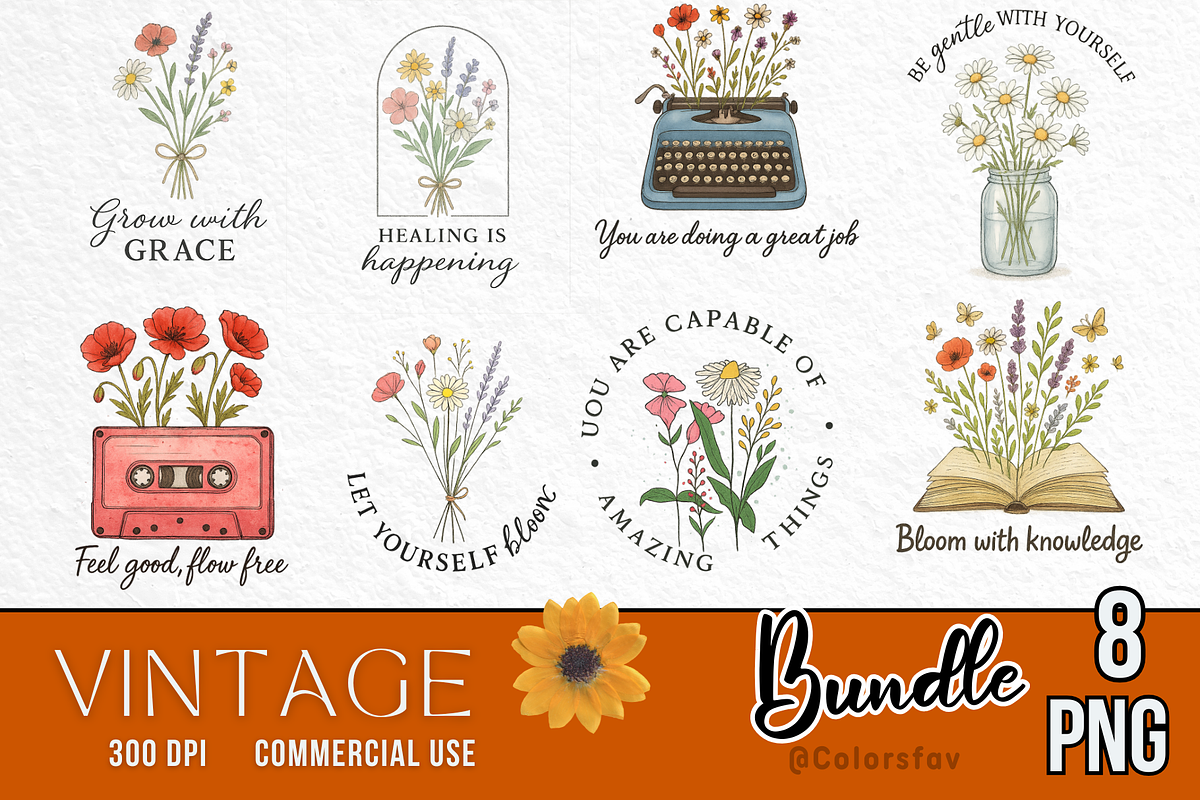 Vintage Flowers Sublimation Bundle, an Illustration by Colorsfav (Photo 1 of 9)