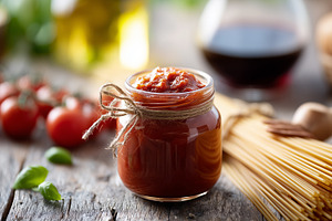 Rustic jar of homemade tomato pasta, a Food & Drink Photo by MistyDay