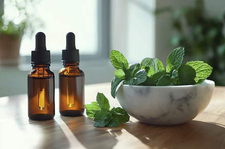 Small bottles of mint essential oil with mint leaves in mortar, a Health & Medical Photo by AlyaAnd