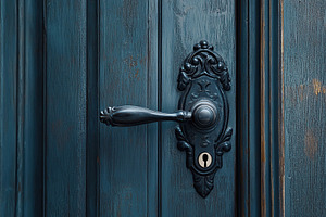 Closeup of retro door knob on blue color door, a Photo by AlyaAnd