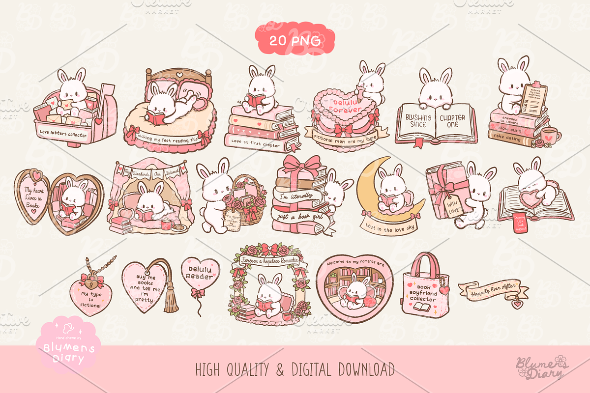 Romance Reader Bunny Clipart, an Animal Illustration by Blumensdiary (Photo 2 of 6)