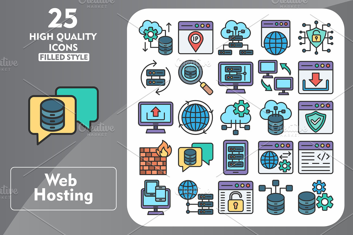 Web Hosting 25 Line Filled Icons, an Icon by Pexelpy