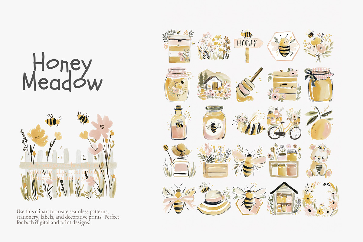Honey meadow clipart bundle, a Decorative Illustration by Patishop Art (Photo 5 of 11)
