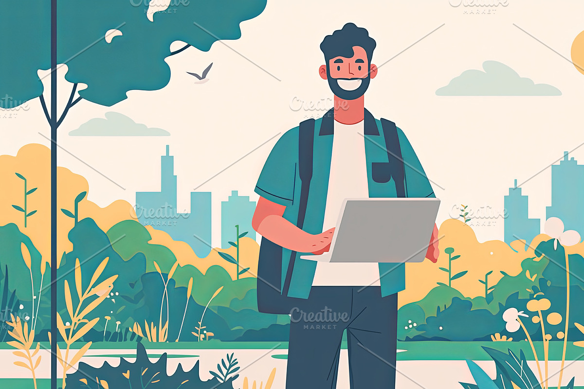 Man using a laptop outdoors in a vibrant green park setting, an Illustration by AS photostudio