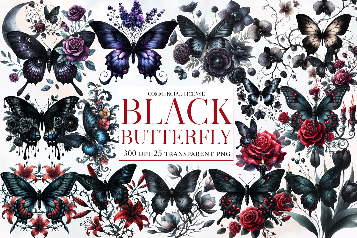 Black Butterfly Watercolor Clipart, an Illustration by Designworld (Photo 1 of 6)