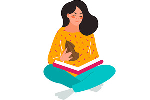woman eating nuts and reading book, an Education Illustration by vectorpointstudio