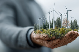 Hand holding miniature wind farm surrounded by lush green forest, an Illustration by AS photostudio