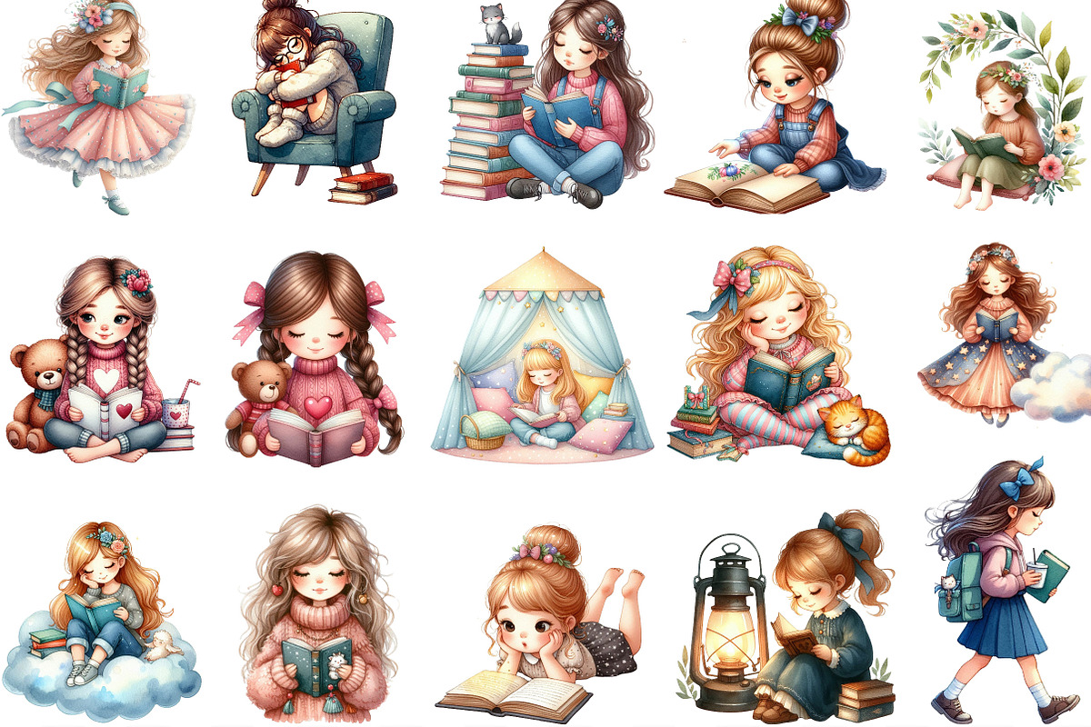 Cute Little Girl Reading Clipart, an Illustration by Designking (Photo 2 of 4)