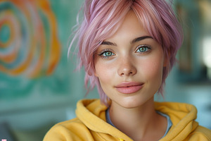 Young Caucasian woman with pink hair wearing a yellow hoodie, radiating warmth, a Person Photo by ImageMir