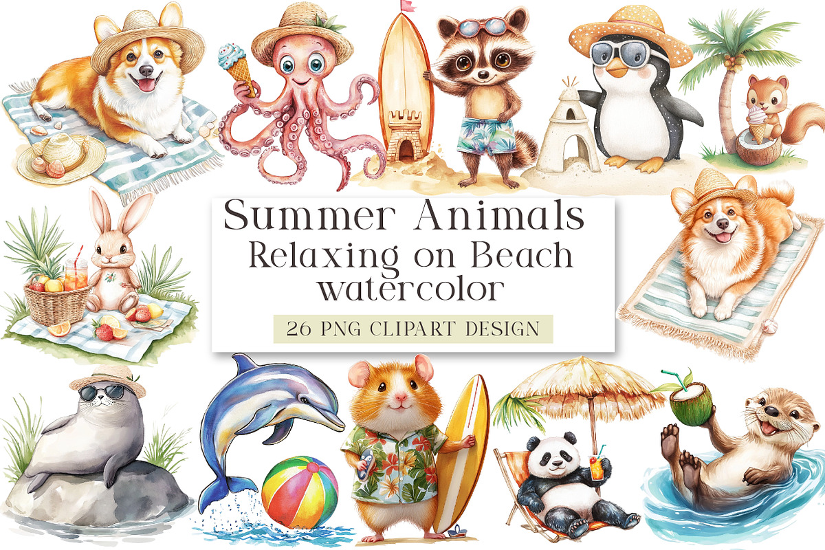 Summer Animals Relaxing on Beach, an Animal Illustration by DreamArtGraphic (Photo 1 of 4)