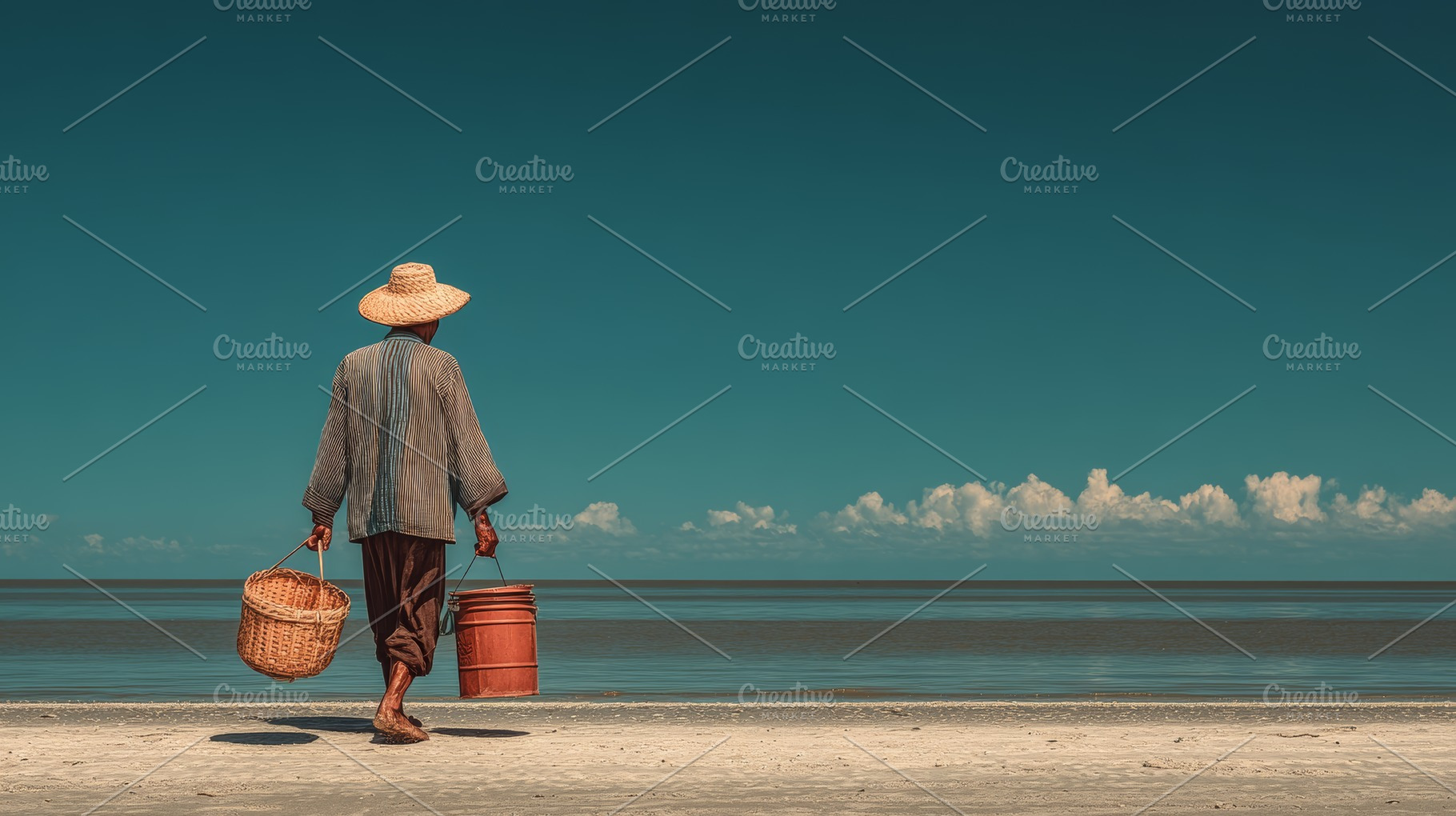 Farmer walking on a quiet beach carrying wicker basket and bucket wearing a str, a Photo by AS photostudio