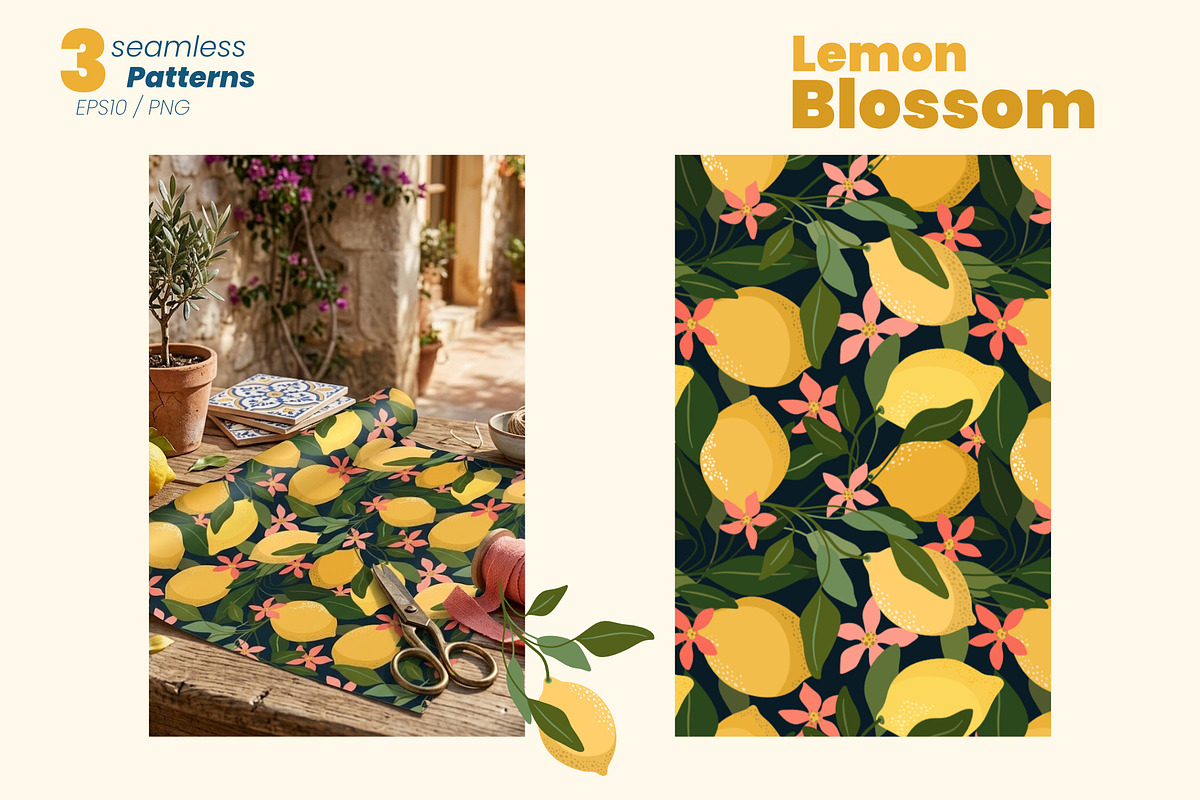 Lemon Blossom Seamless Patterns, a Pattern Graphic by moja doodle (Photo 3 of 4)