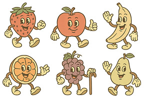 Vintage fruit mascots waving, isolat, an Illustration by Dvoevnore photos